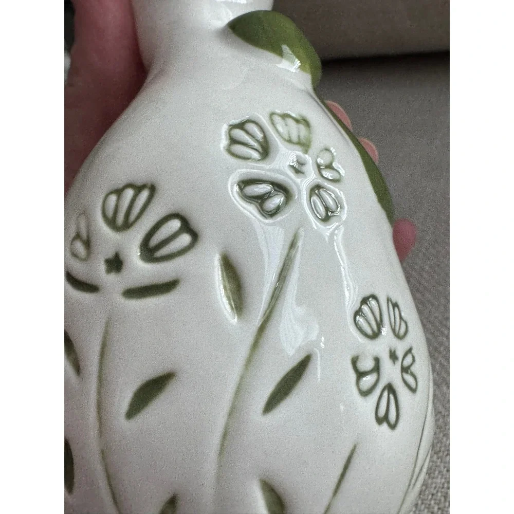 Ceramic Duck Figurine White Green Floral Embossed Cottagecore Decor 6 inch